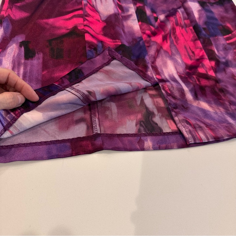 Connected Apparel Vibrant Purple Watercolor Satin A-Line Dress 12 Midi Formal - Picture 9 of 14
